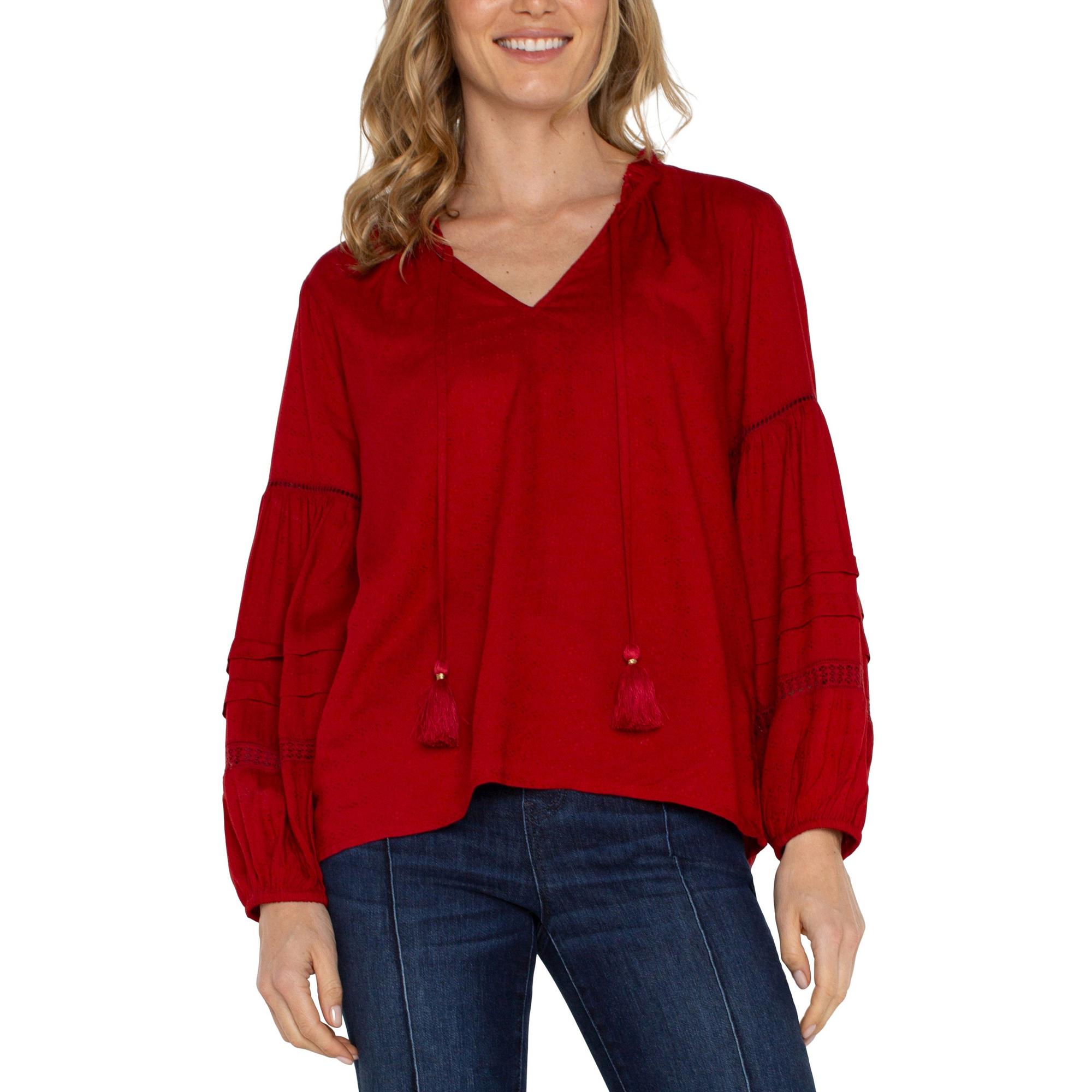 Women's Liverpool Los Angeles Popover Shirred Woven Long Sleeve V-Neck Blouse