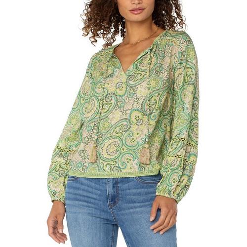 Women's Liverpool Los Angeles Shirred Woven Long Sleeve Notch Neck Blouse - Primary Image