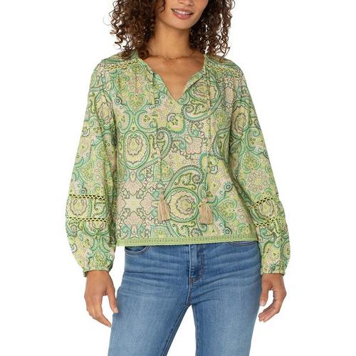 Women's Liverpool Los Angeles Shirred Woven Long Sleeve Notch Neck Blouse - Primary Image