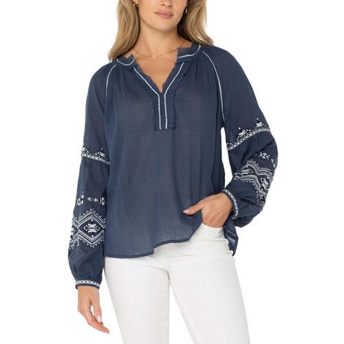 Women's Liverpool Los Angeles Raglan Woven Long Sleeve Notch Neck Blouse - Primary Image