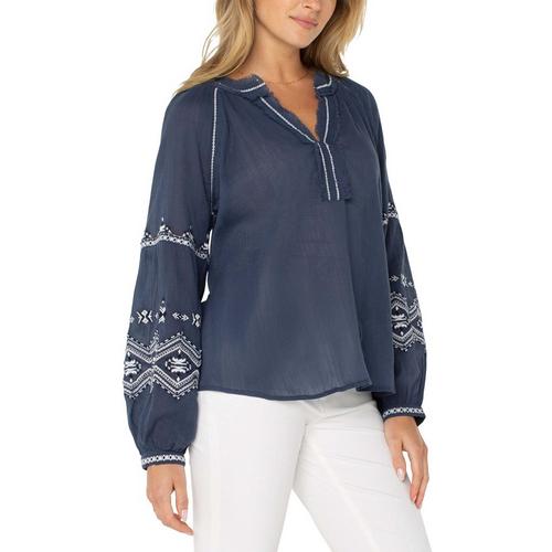 Women's Liverpool Los Angeles Raglan Woven Long Sleeve Notch Neck Blouse - Primary Image