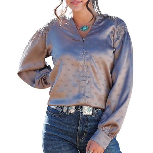 Women's Cinch Satin Long Sleeve Notch Neck Blouse - Primary Image