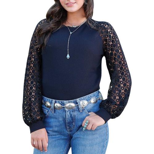 Women's Cinch Crochet Sleeve Long Sleeve Shirt - Primary Image