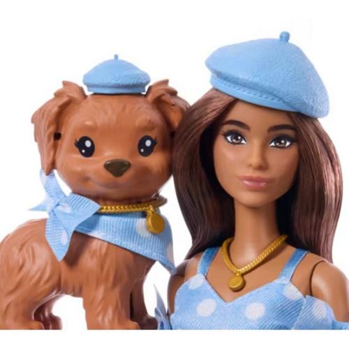 Barbie Twinning Looks Fashion Doll With Pet Dog, Matching Blue Clothes & Accessories, Brunette - Primary Image
