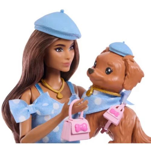 Barbie Twinning Looks Fashion Doll With Pet Dog, Matching Blue Clothes & Accessories, Brunette - Primary Image