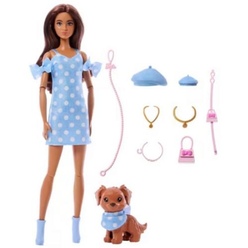 Barbie Twinning Looks Fashion Doll With Pet Dog, Matching Blue Clothes & Accessories, Brunette - Primary Image