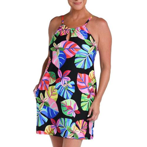 Women's 24th & Ocean Tropiflage High Neck Shift Dress Swim Cover Up - Primary Image
