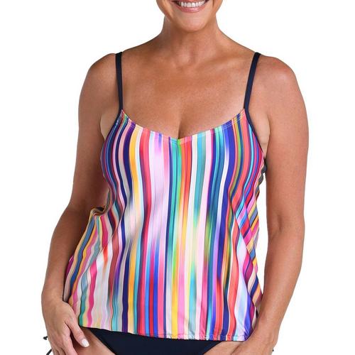 Women's 24th & Ocean Tropics Stripe V-Neck Blouson Swim Tankini - Primary Image