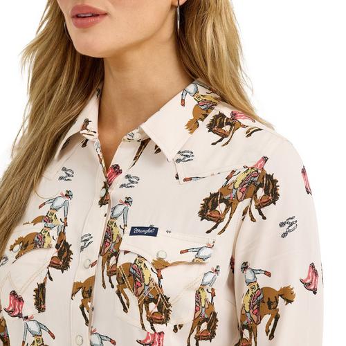 Women's Wrangler Bold Bucking Cowboy Western Snap Long Sleeve Button Up Shirt - Primary Image