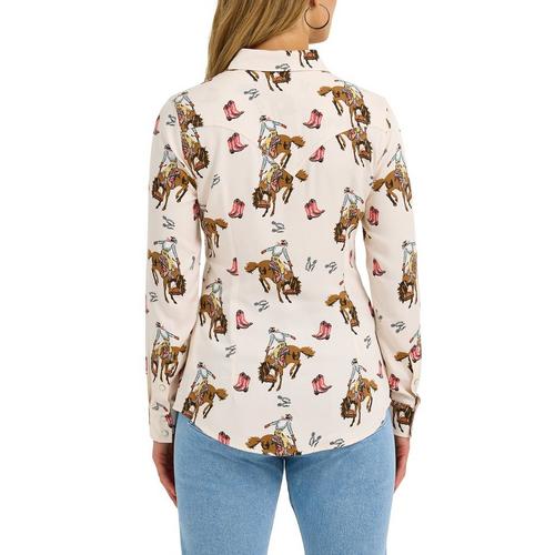 Women's Wrangler Bold Bucking Cowboy Western Snap Long Sleeve Button Up Shirt - Primary Image