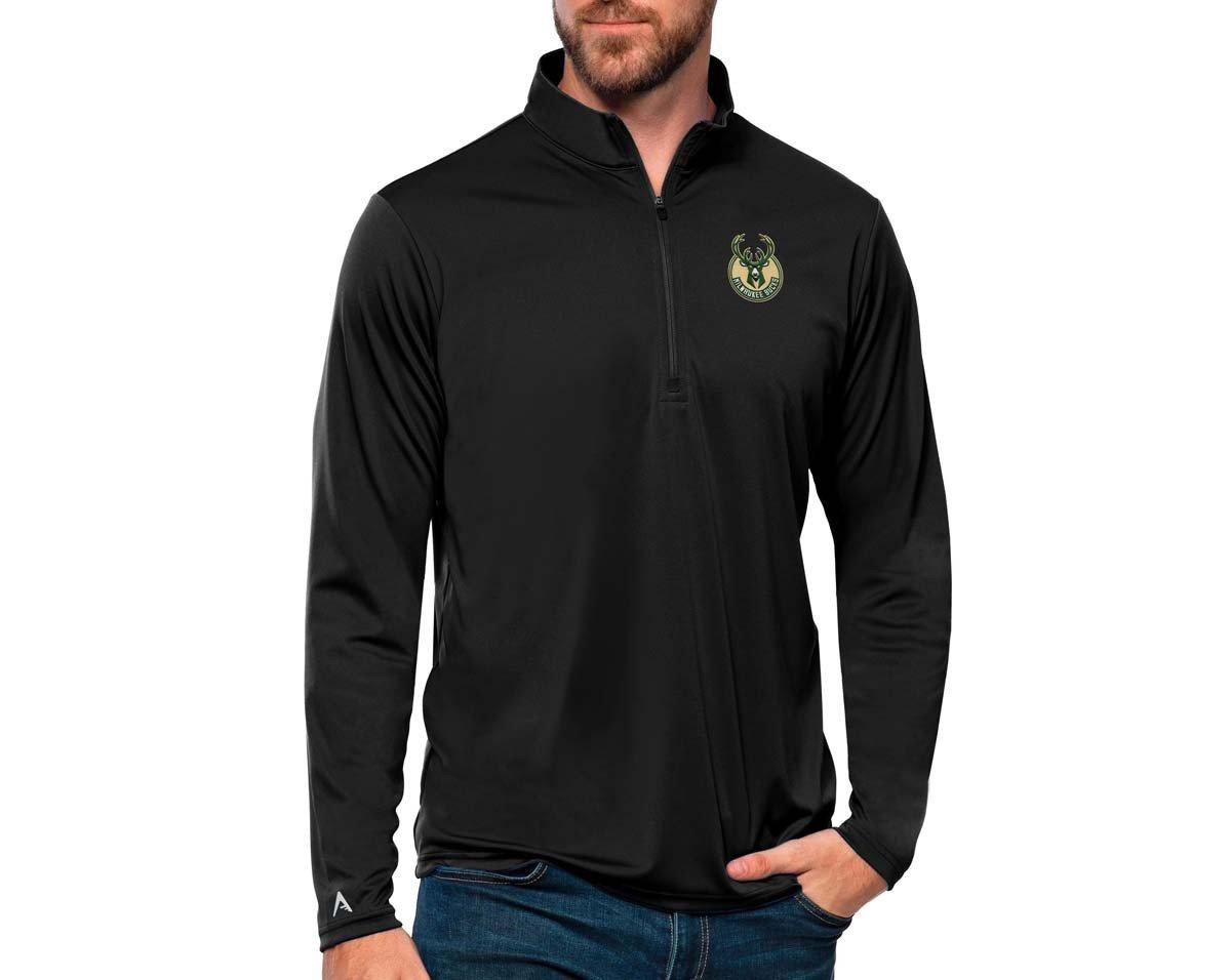 Men's Antigua Black Milwaukee Bucks Metallic Logo Tribute Quarter-Zip Top