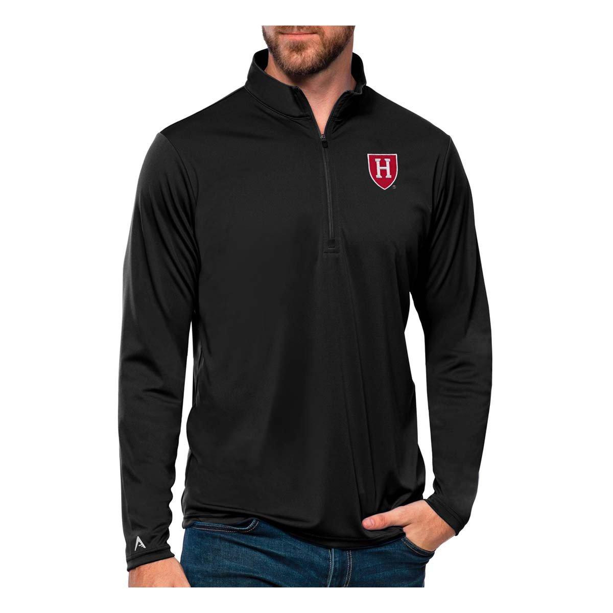 Antigua Men's Harvard Crimson Black Tribute 1/4 Zip Pullover, Medium