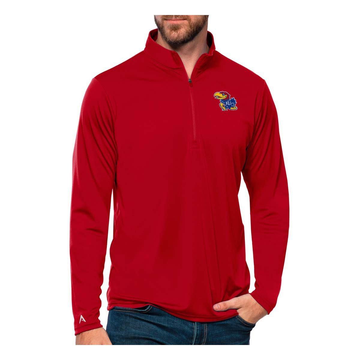 Antigua Men's Kansas Jayhawks Dark Red Tribute 1/4 Zip Jacket, Large