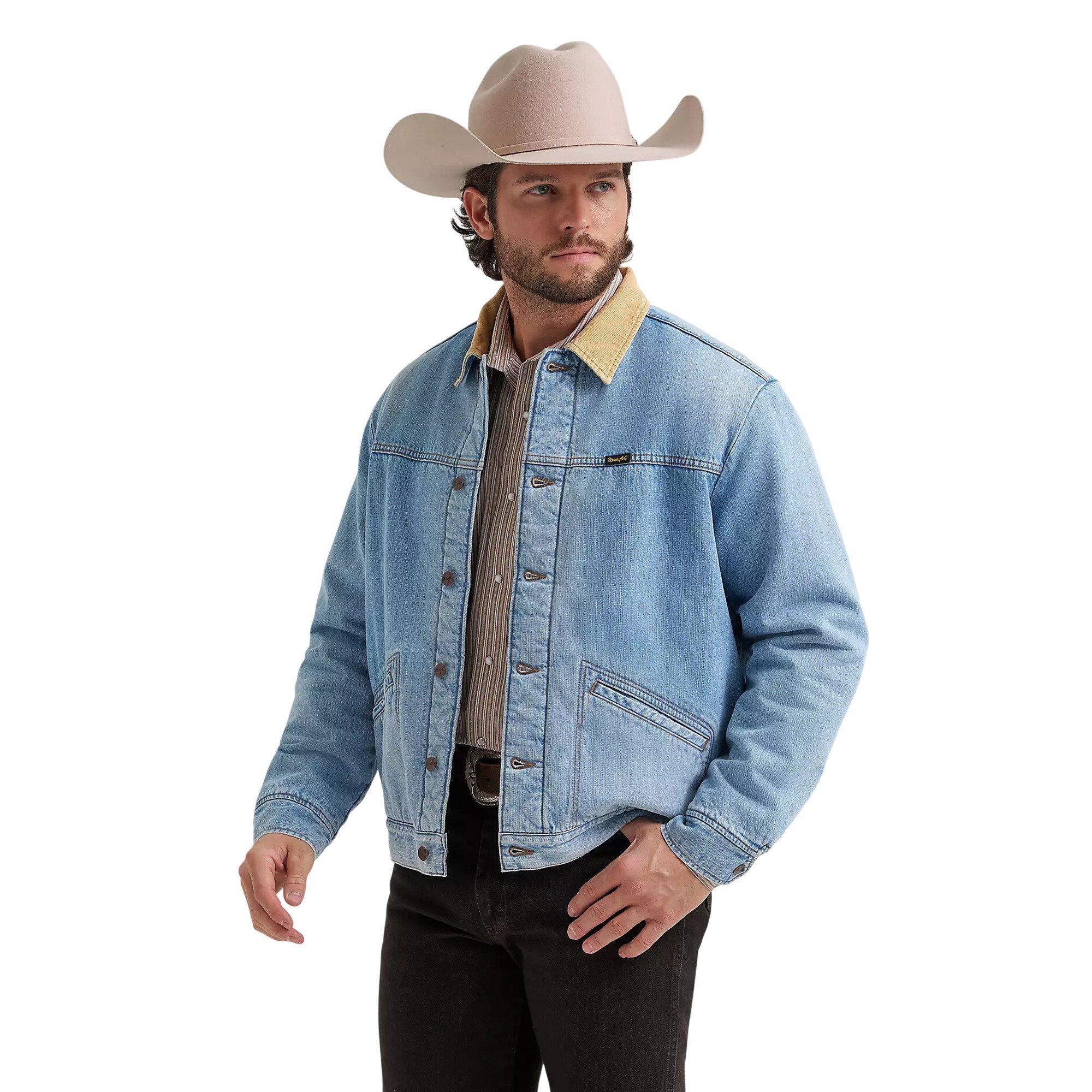 Men's Wrangler® Straight Yoke Sherpa Lined Denim Jacket in Bleach Wash