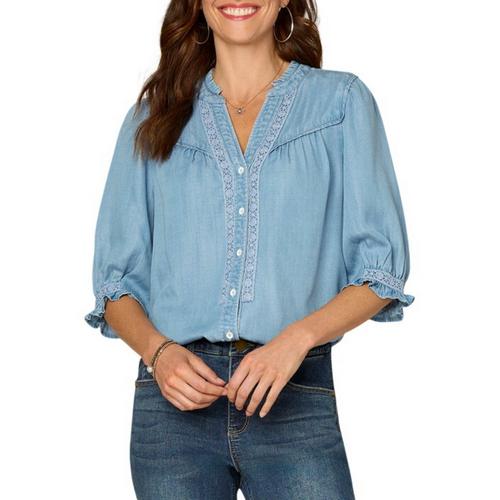 Women's Democracy Crochet Inset Woven 3/4 Sleeve Notch Neck Button Up Shirt - Primary Image