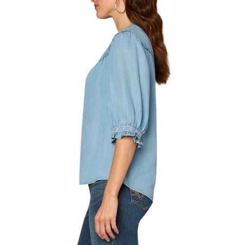 Women's Democracy Crochet Inset Woven 3/4 Sleeve Notch Neck Button Up Shirt - Primary Image