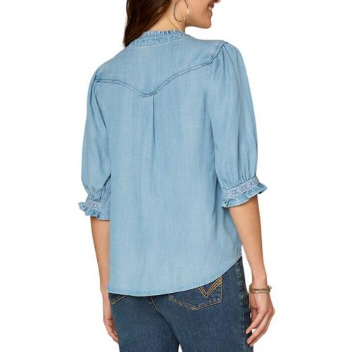 Women's Democracy Crochet Inset Woven 3/4 Sleeve Notch Neck Button Up Shirt - Primary Image