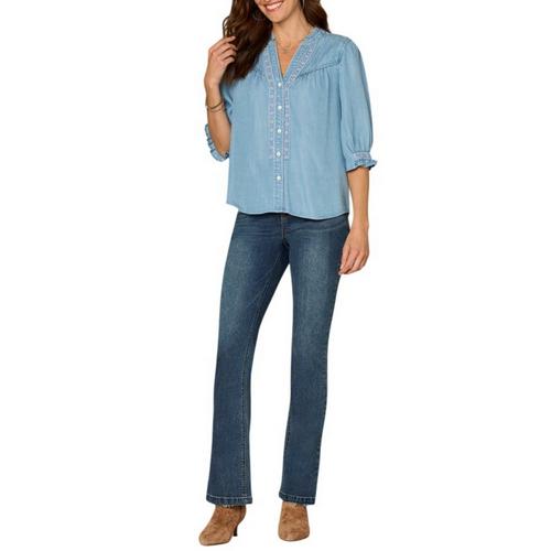 Women's Democracy Crochet Inset Woven 3/4 Sleeve Notch Neck Button Up Shirt - Primary Image