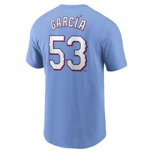 05ssラフシモンズ スリーブレス TシャツTEXAS PIECES 水色 46 Nike Texas Rangers Adolis Garcia #53 Name & Number T-Shirt