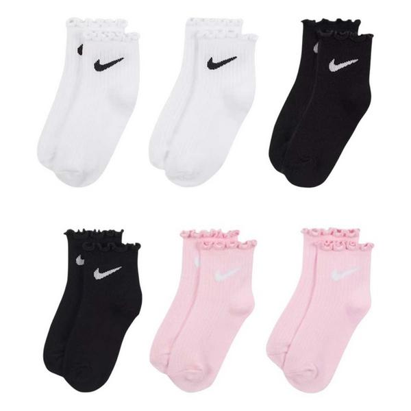 Kids' Nike Lettuce Welt Ankle Socks 4-5 White/Black/Pink 6 Pack
