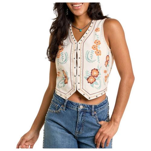 Women's Rock & Roll Denim Floral Studded Vest - Primary Image