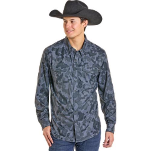 Men's Rock & Roll Denim Camo Western Long Sleeve Button Up Shirt - Primary Image
