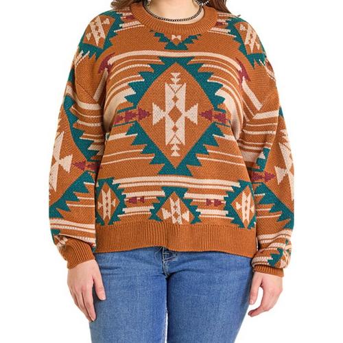 Women's Rock & Roll Denim Aztec Knit Pullover Sweater - Primary Image