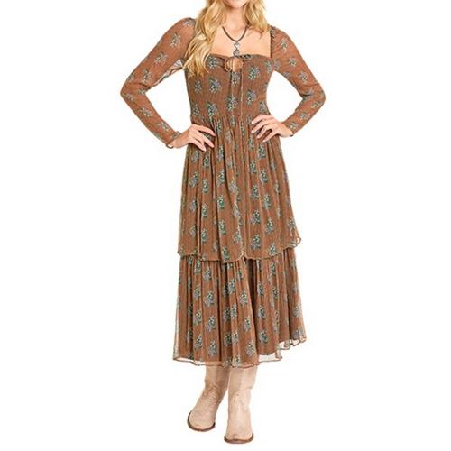 Women's Rock & Roll Denim Striped Floral Long Sleeve Sweetheart Maxi Dress - Primary Image
