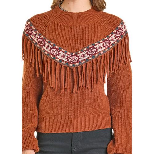 Women's Rock & Roll Denim Border and Fringe Pullover Sweater - Primary Image