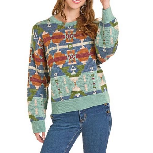 Women's Rock & Roll Denim Aztec Pullover Sweater - Primary Image
