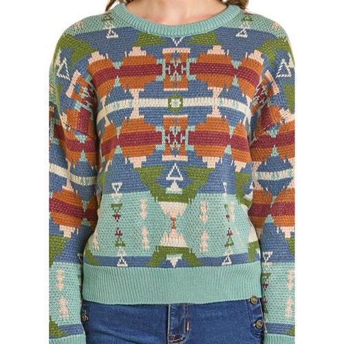 Women's Rock & Roll Denim Aztec Pullover Sweater - Primary Image