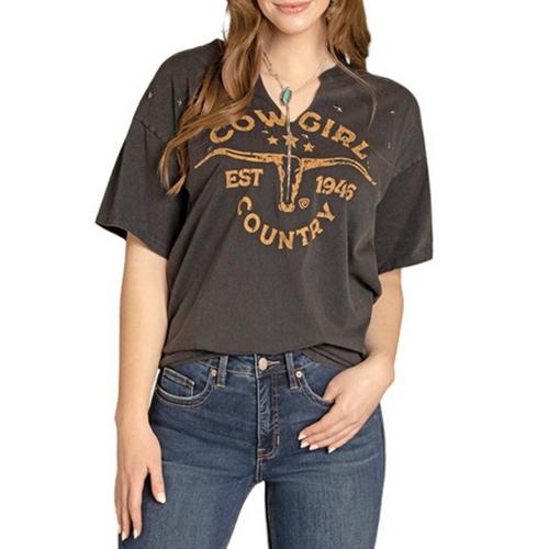 Women's Rock & Roll Denim Cowgirl Country Notch Neck T-Shirt - Primary Image