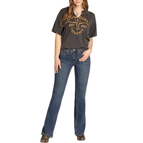 Women's Rock & Roll Denim Cowgirl Country Notch Neck T-Shirt - Primary Image
