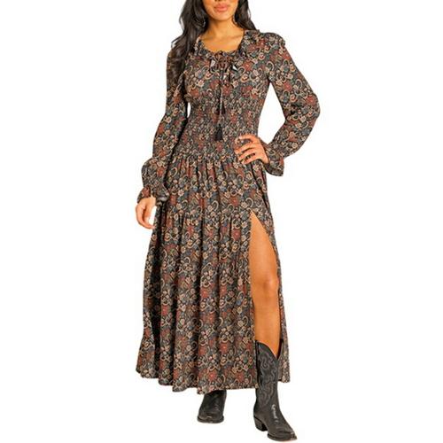 Women's Rock & Roll Denim Horseshoe Floral Long Sleeve Maxi Dress - Primary Image
