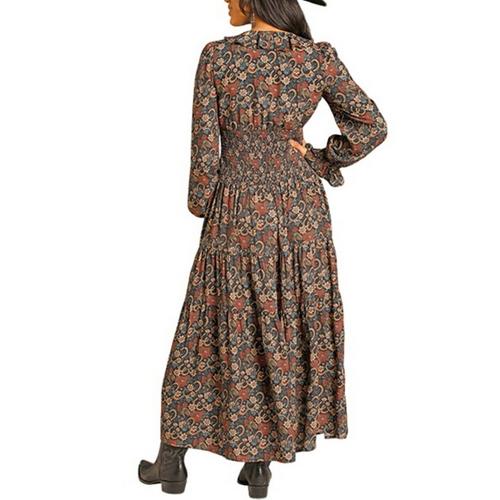 Women's Rock & Roll Denim Horseshoe Floral Long Sleeve Maxi Dress - Primary Image