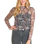 Women's Rock & Roll Denim Mesh Print Long Sleeve Mock Neck Shirt - Thumbnail 1 of 3