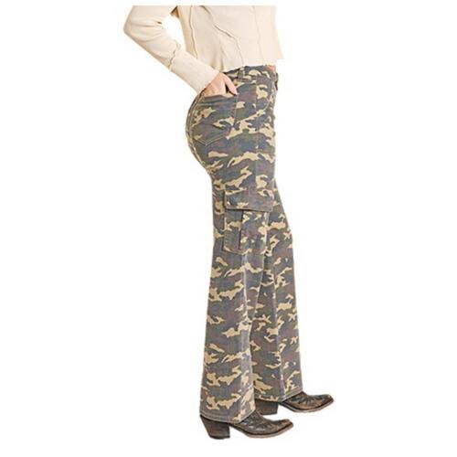 Women's Rock & Roll Denim Camo Relaxed Flare Cargo Pants - Primary Image