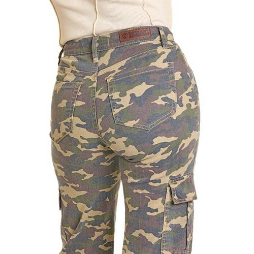 Women's Rock & Roll Denim Camo Relaxed Flare Cargo Pants - Primary Image