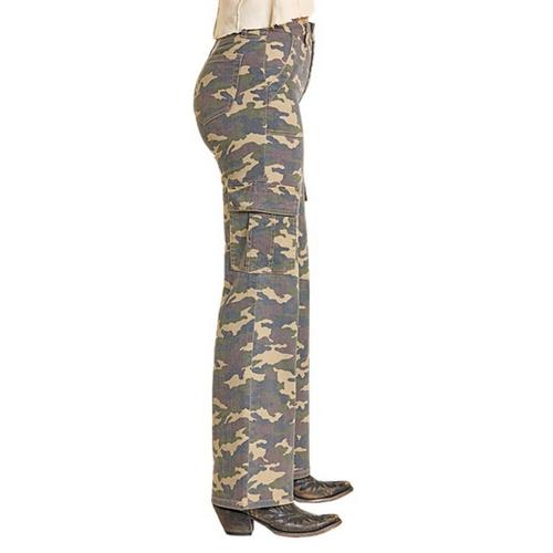 Women's Rock & Roll Denim Camo Relaxed Flare Cargo Pants - Primary Image