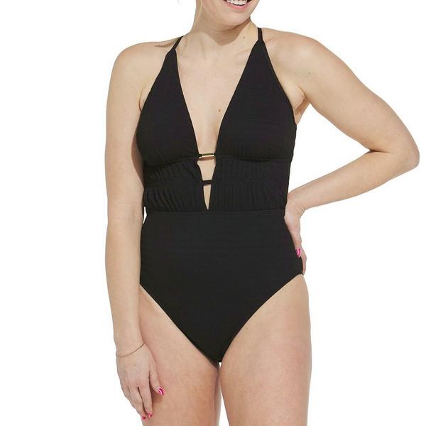 Women's Cupshe Deep Plunge Back-Tie One Piece Swimsuit Contemporary Medium Black White