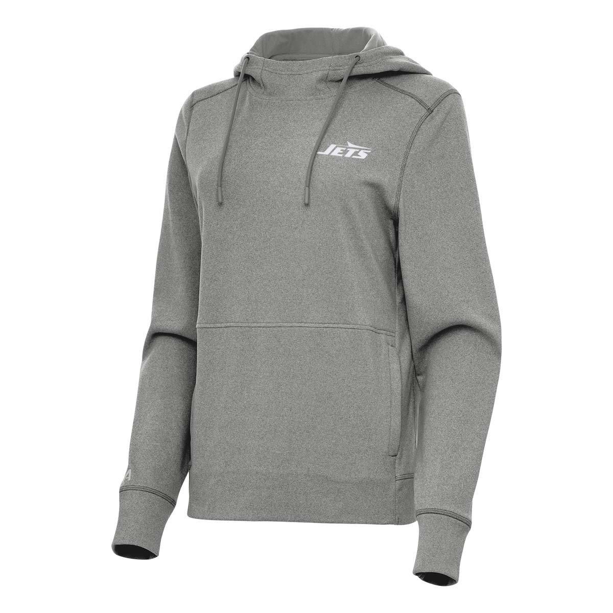 Women's Antigua  Heather Black New York Jets Justice Pullover Hoodie