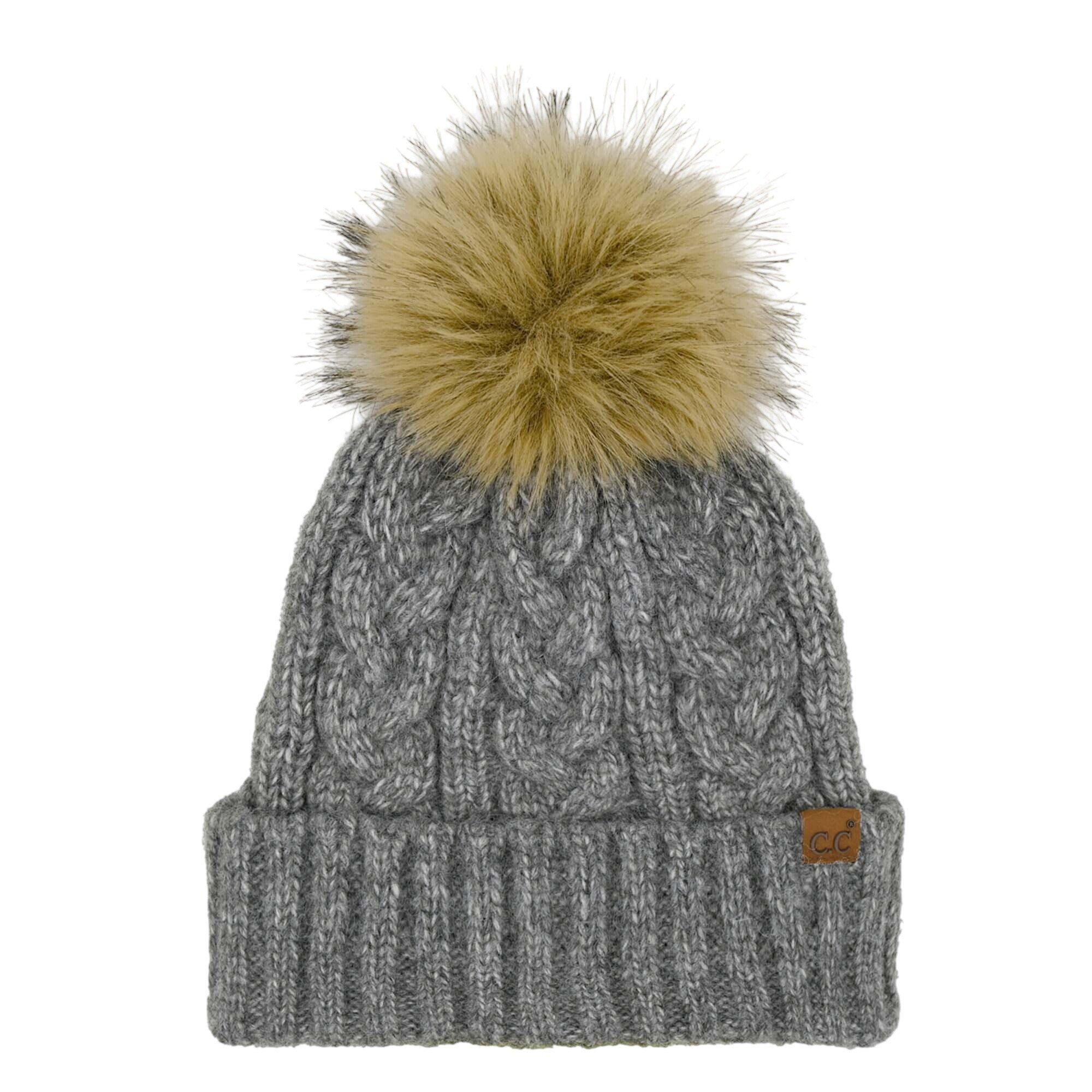 Women\'s Camel Winter Beanie Hat Satin Lined Faux Fur Pom Pom Beanies Hat Cream Bobble - Satin Lined Winter Hat – Black Sunrise UK  main image 3