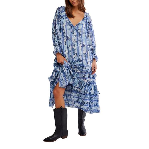 Women's Free People Garden Wonders Maxi Shift Dress Small Blue Combo