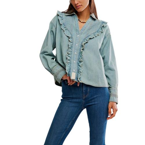 Women's Free People We The Free Tattered And Ruffled Denim Long Sleeve Shirt - Primary Image