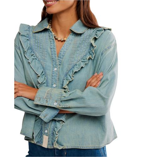 Women's Free People We The Free Tattered And Ruffled Denim Long Sleeve Shirt - Primary Image
