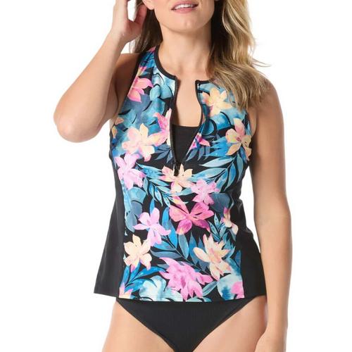 Women's Beach House Sport Racer Zip Front Textured Swim Tankini - Primary Image