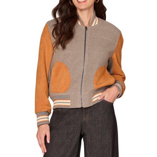 Women's Democracy Round Patch Pocket Mixed Media Bomber Jacket - Primary Image