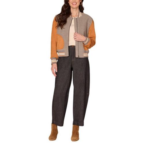 Women's Democracy Round Patch Pocket Mixed Media Bomber Jacket - Primary Image