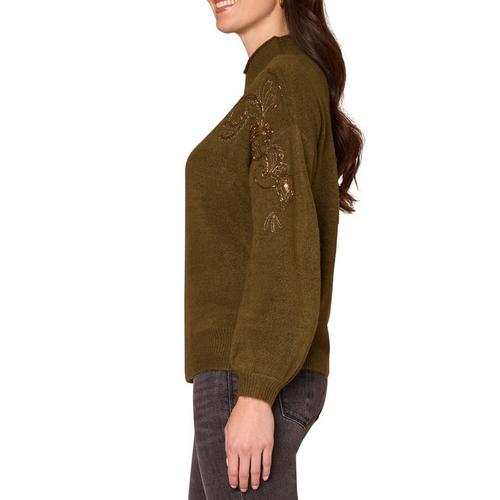 Women's Democracy Rhinestone Embroidered Sleeve Mock Neck Pullover Sweater - Primary Image