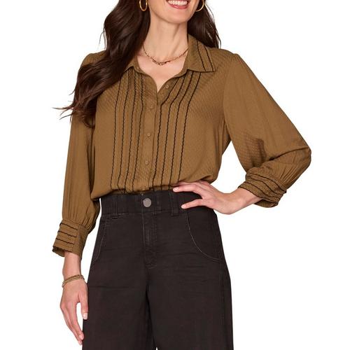 Women's Democracy Scallop Edge Tipping 3/4 Sleeve Button Up Shirt - Primary Image